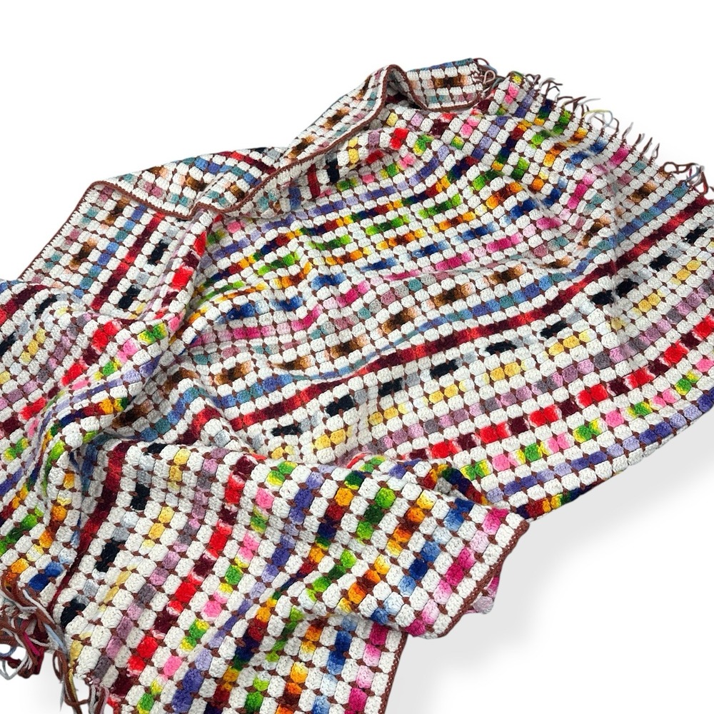 VTG Boho Stripe Rainbow Hand Knit Crochet Blanket Throw Afghan 5'x4' Cottagecore